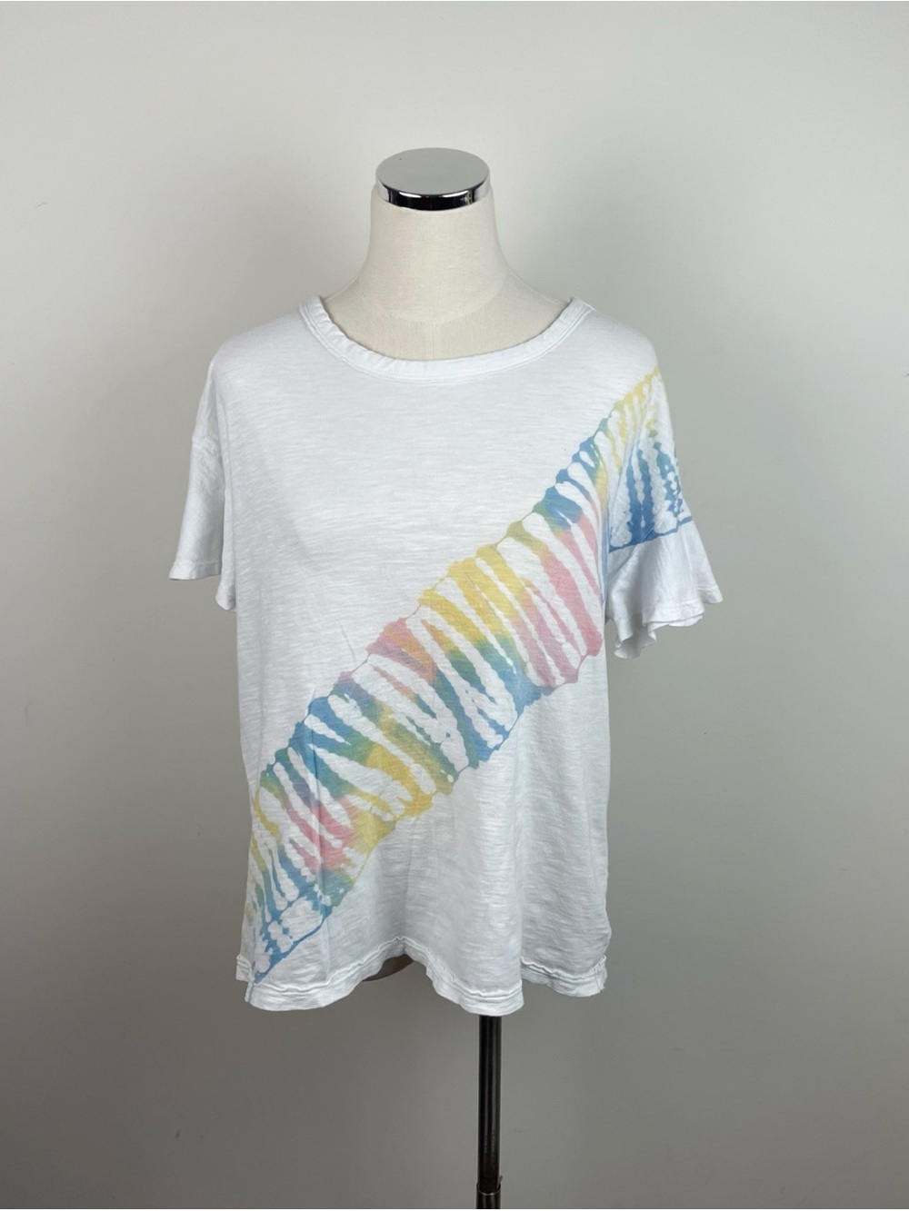 True Craft White Pink Yellow Blue Tie Dye Ruffle Sleeve Tee Shirt Top Large Boho